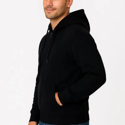 Men Black 3-Thread Cotton Full Zip Hooded Pocket Sweatshirt 3