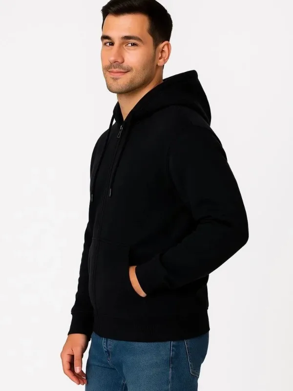 Men Black 3-Thread Cotton Full Zip Hooded Pocket Sweatshirt 3