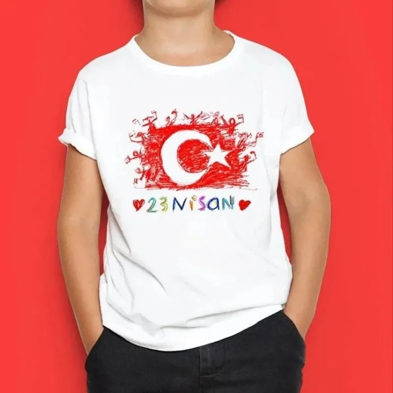 Children's White Printed Round Neck Comfortable Cotton T-Shirt