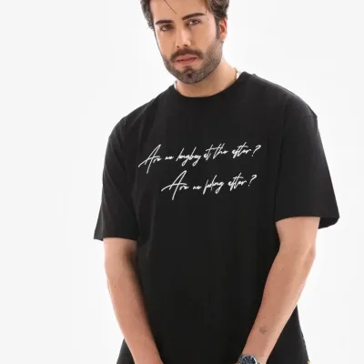 Férfi Fekete Oversize Kerékpárnyakú Nyomott Nyári Póló 2