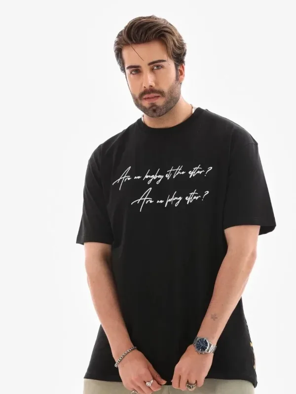 Férfi Fekete Oversize Kerékpárnyakú Nyomott Nyári Póló 2