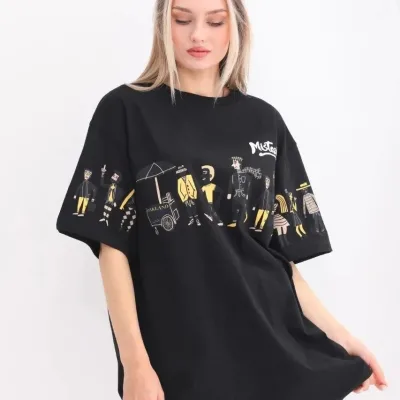 Женски црн oversize бициклистички јака принт маица 5
