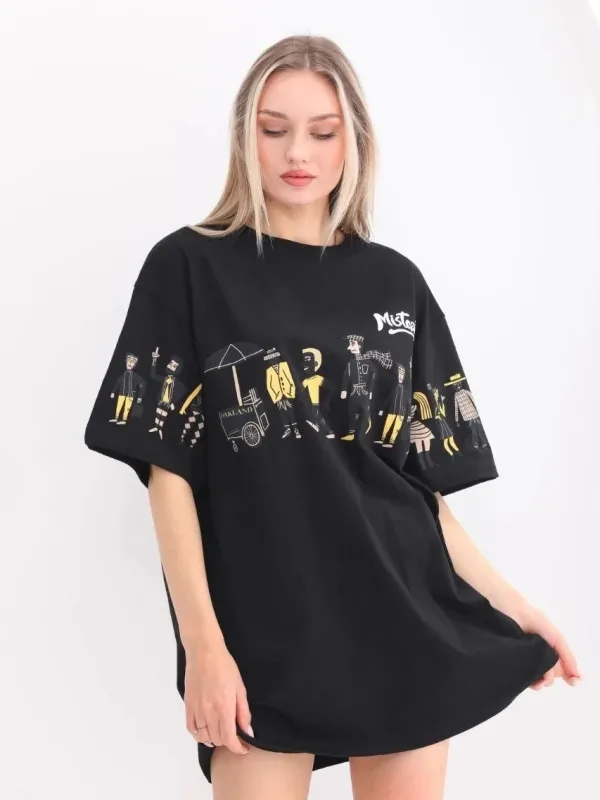 Женски црн oversize бициклистички јака принт маица 5