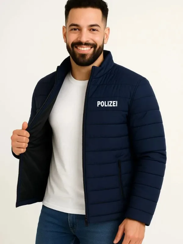 Muška tamnoplava bomber jakna sa mikro vodoodbojnim materijalom, prošivena, sa printom i patent zatvaračem 2