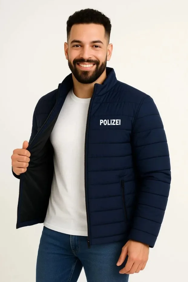 Erkek Lacivert Mikro Su İtici Kapitone Baskılı Fermuarlı Bomber Mont 2