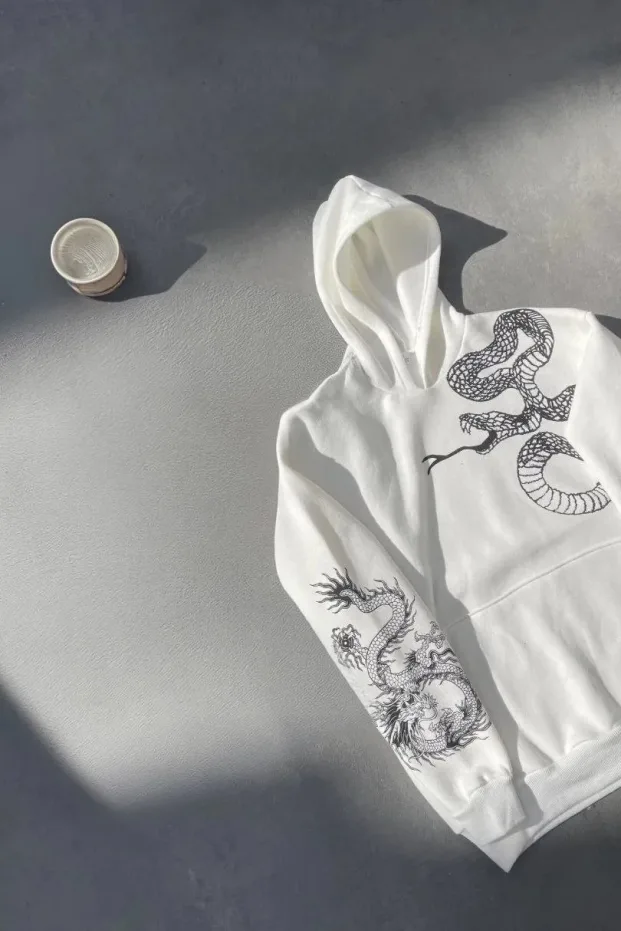 Muška bijela oversize 3 niti pamučna kapuljača tiskani džep sweatshirt 2