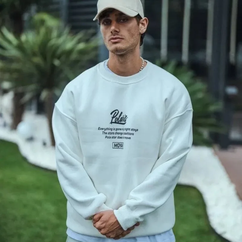 Men's White Oversize 3-Thread Cotton Front Back Printed Cycling Neck Sweatshirt