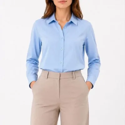 Women's Light Blue Regular Classic Collar Button Down Long Sleeve Shirt 2