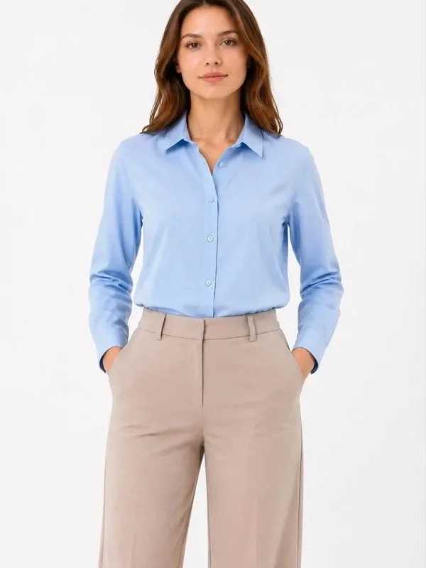 Women's Light Blue Regular Classic Collar Button Down Long Sleeve Shirt 2