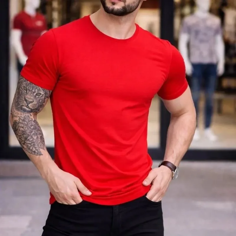 Piros Férfi Slim Fit Elasztikus Kerékpárnyakú Body Póló