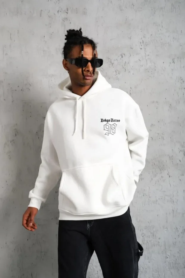 Sweatshirtê Mêran ê Spî, 3 Têl, Pembû, Bi Çapkirin, Bi Kevan 1