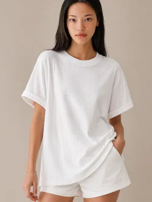 T-Shirtê Ribana yê Spî yê Oversize yê Jinan %100 Pembû