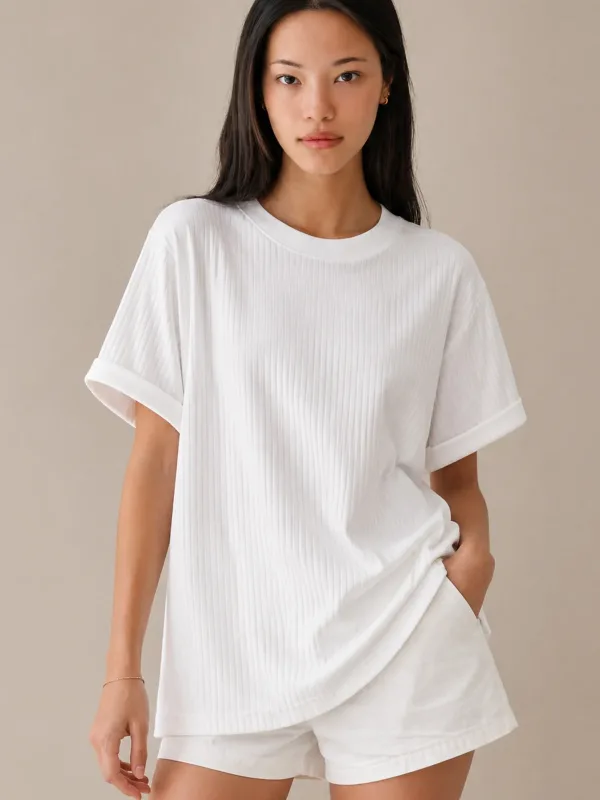 Bardhë Ribana Oversize T-Shirt 100% Pambuk Prerje e Lirshme