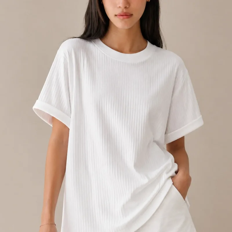 Bela ribana oversize majica 100% pamuk širok kroj