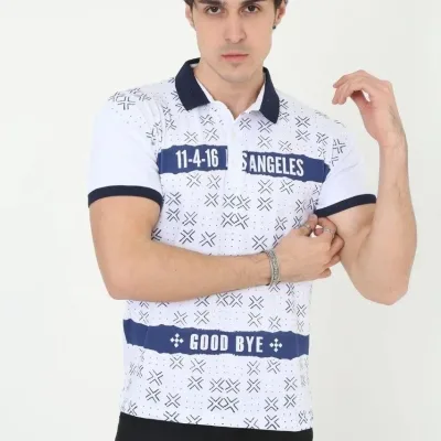 Férfi Fehér Slim Fit Nyomott Polo Galléros Rövid Ujjú Póló 1