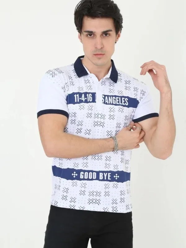 Férfi Fehér Slim Fit Nyomott Polo Galléros Rövid Ujjú Póló 1