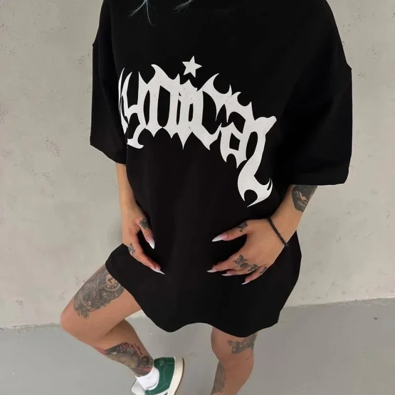 Damski Czarny Oversize Rowerowy Kołnierz Nadrukowany T-shirt