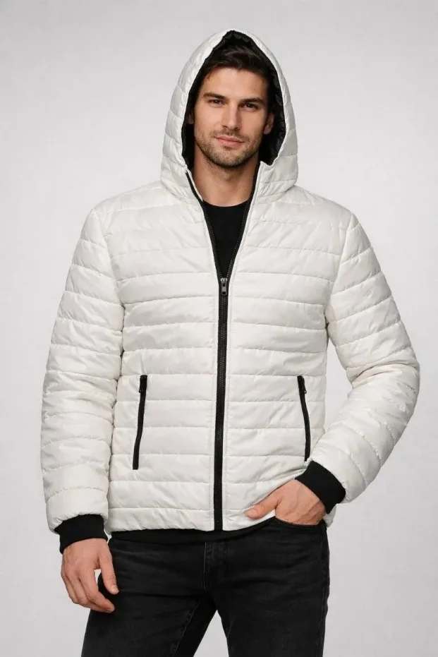Men's Cream Water Repellent Puffer Hooded Zippered Quilted Coat 4