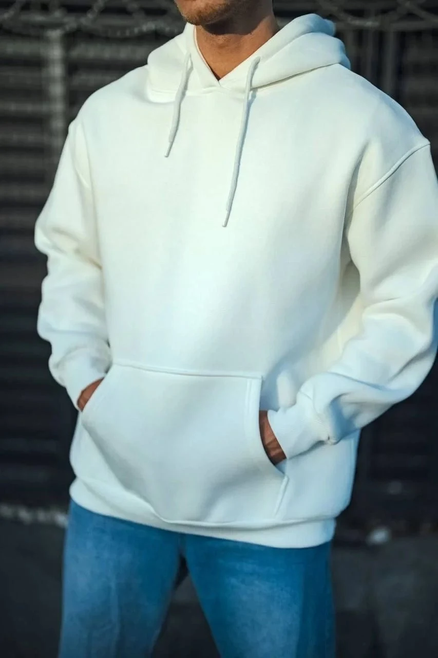 Muški bijeli 3 pređe pamučni kapuljačasti basic sweatshirt