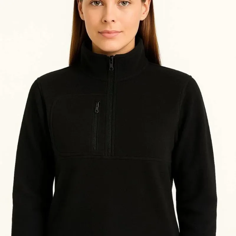Women's Black Stand Collar Half Zip Fleece Sweater with Chest Pocket