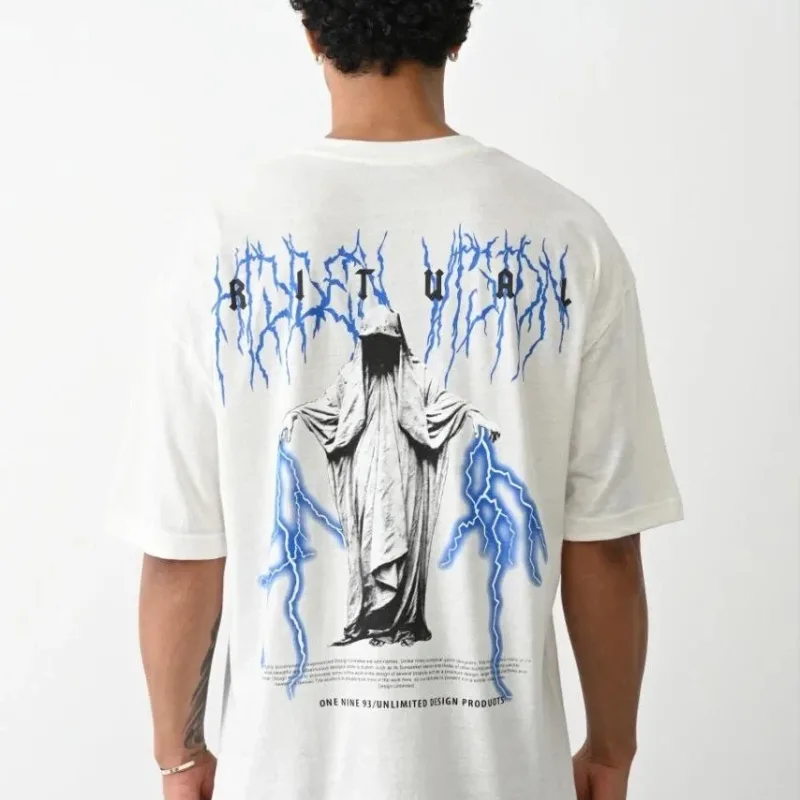 Men's White Oversize Crew Neck Printed Short Sleeve T-Shirt