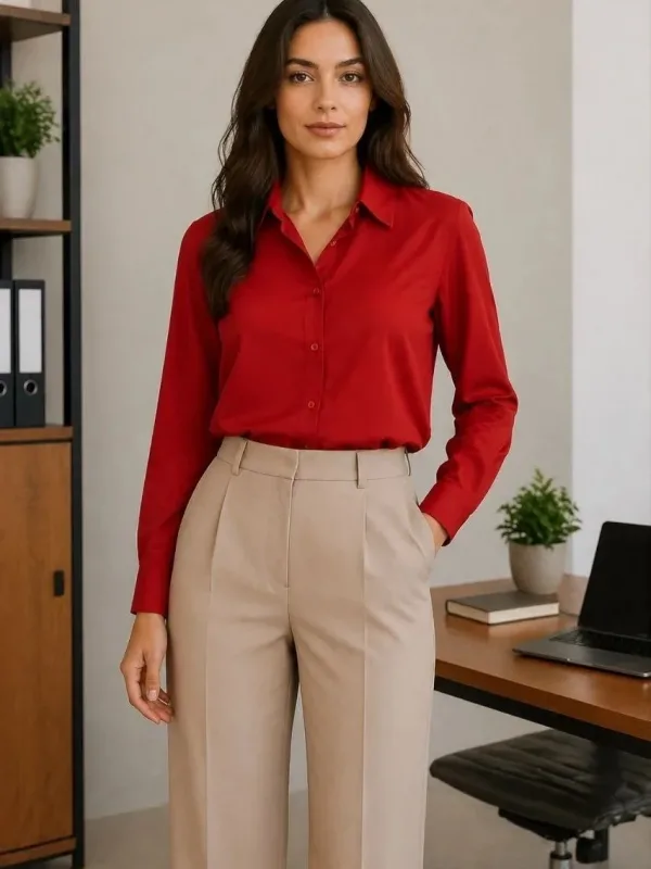 Women's Red Classic Collar Buttoned Long Sleeve Cotton Shirt