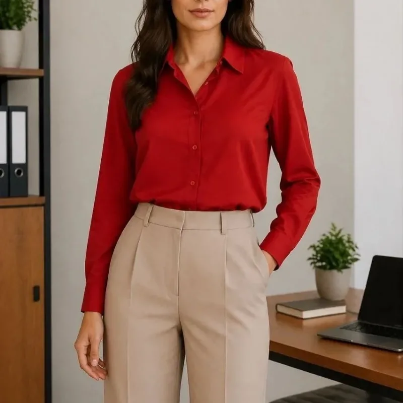 Women's Red Classic Collar Buttoned Long Sleeve Cotton Shirt