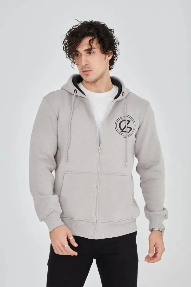 Erkek Boyalı Gri 3 İplik Pamuklu Fermuarlı Kapüşonlu Baskılı Hoodie 4