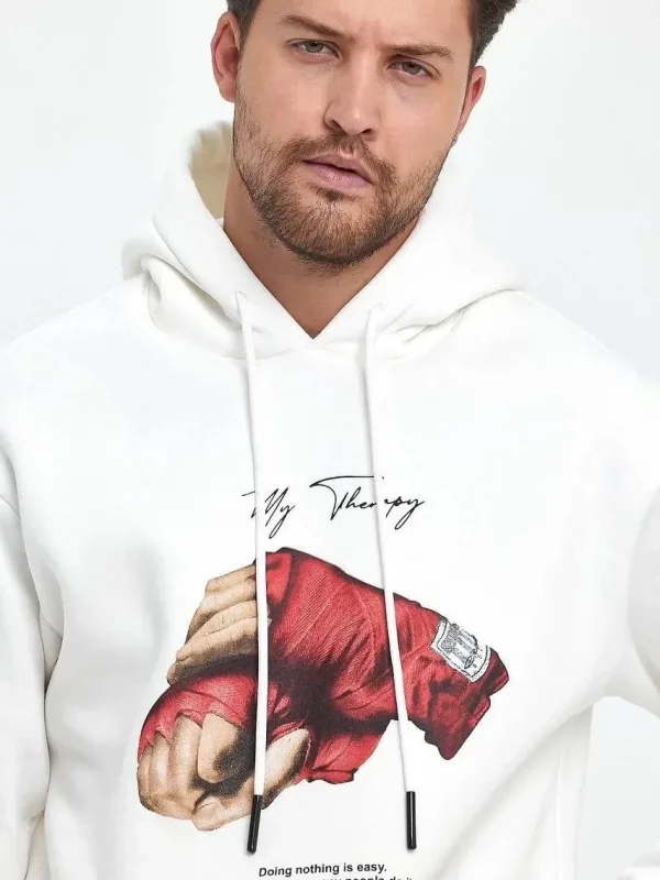 Burrë i bardhë 3 fije pambuk me kapuç të printuar doreza kuti Sweatshirt 2