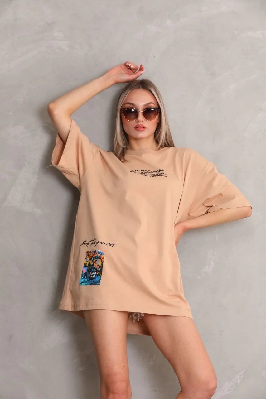Женски Беж Oversize Бициклета Јака Печатена Кратка Ракав Маица 2