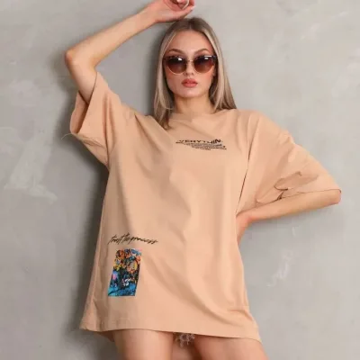 Женски Беж Oversize Бициклета Јака Печатена Кратка Ракав Маица 2
