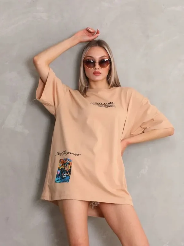 Женски Беж Oversize Бициклета Јака Печатена Кратка Ракав Маица 2