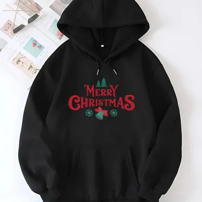 Męski Czarny Oversize Bluza z Kapturem z Nadrukiem Świątecznym 1