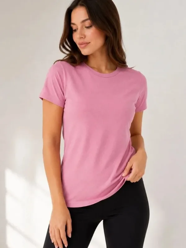 Ženska Ružičasta Slim Fit Biciklistička Kragna Basic Majica 1