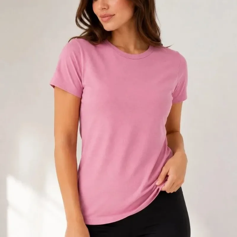 Γυναικείο Ροζ Slim Fit Ποδήλατο Λαιμό Basic Τ-Shirt