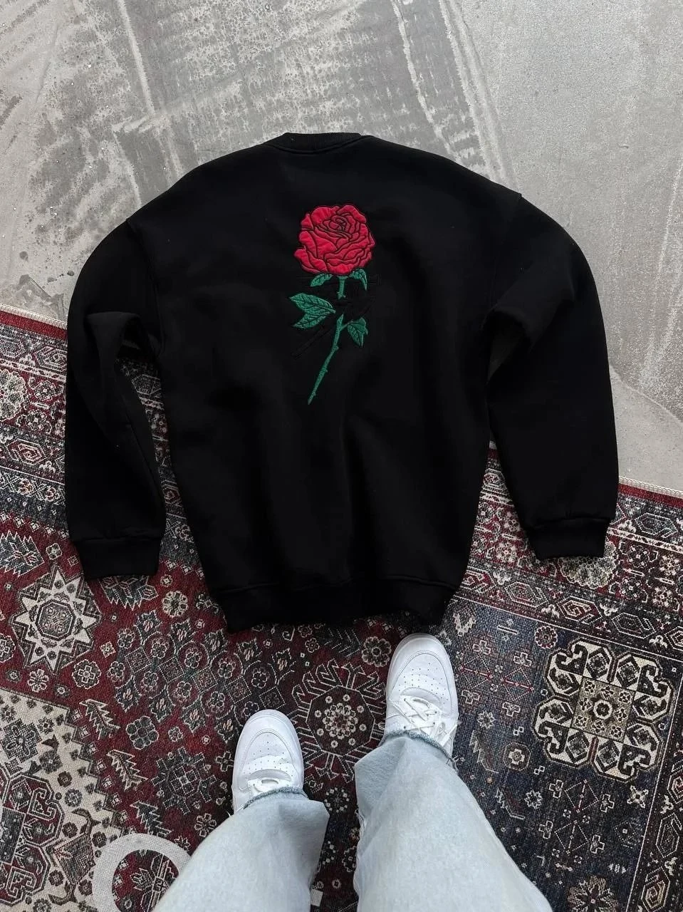 Γυναικείο Μαύρο Oversize Φούτερ με Κουκούλα, Print Τριαντάφυλλο, Βαμβακερό