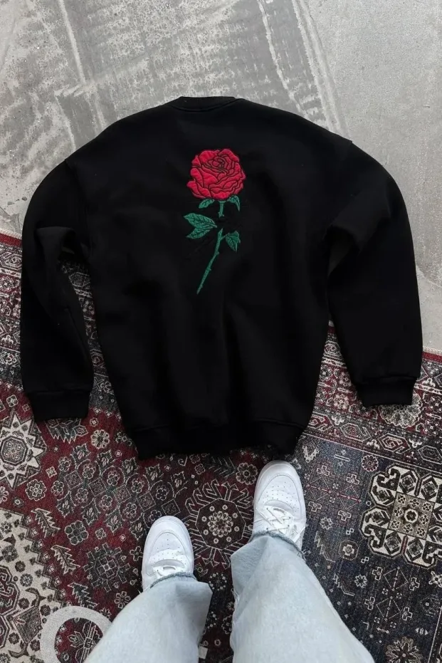 Damski Czarny Oversize Kaptur Róża Nadruk Bawełniany Sweatshirt 1