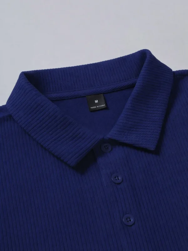 Maschio Blu Scuro Polo Collo Oversize Costina Tessuto 100% Cotone Taglio Largo Collo a Barca 4