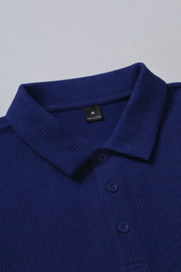 Erkek Lacivert Oversize Bisiklet Yaka Fitilli Pamuklu Polo Tişört 4