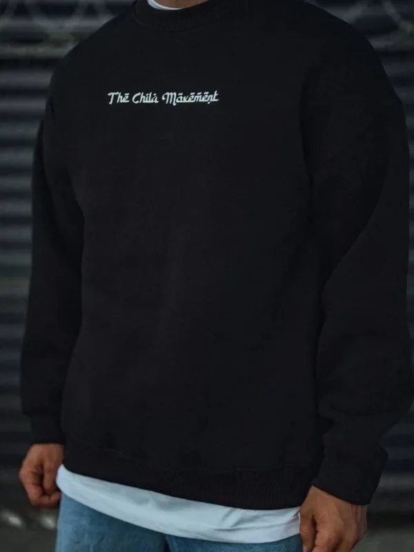 Sweatshirtê Mêran ê Reş ê 3 Têlî Pembû Bi Stûyê Bisîkletê û Çapkirî 1