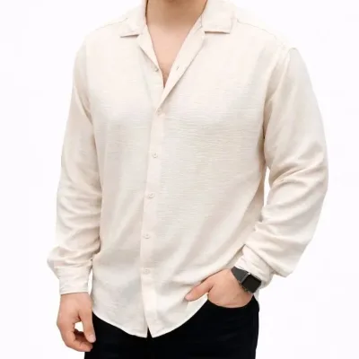 Men's Beige Oversize Aerobin Fabric Long Sleeve Comfortable Shirt 2