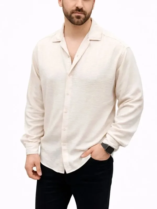 Men's Beige Oversize Aerobin Fabric Long Sleeve Comfortable Shirt 2