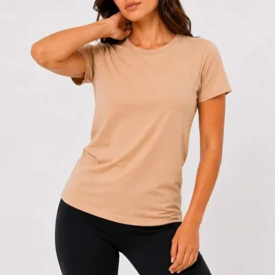 Femeie Bej Slim Guler Bicicleta Basic Maneca Scurta Tricou 1