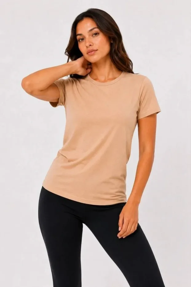 Kadın Bej Slim Bisiklet Yaka Basic Kısa Kol Tişört 1