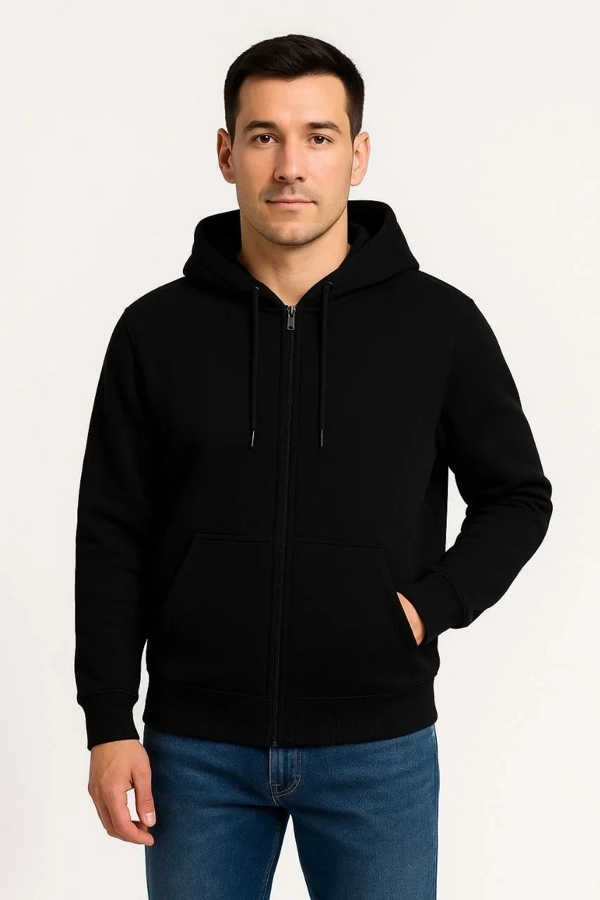 Men Black 3-Thread Cotton Full Zip Hooded Pocket Sweatshirt