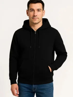 Men Black 3-Thread Cotton Full Zip Hooded Pocket Sweatshirt