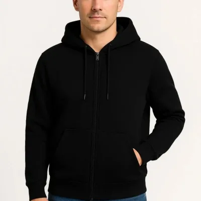 Men Black 3-Thread Cotton Full Zip Hooded Pocket Sweatshirt 1