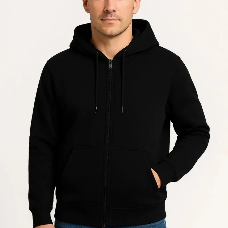 Pánský černý 3-nitní bavlněný sweatshirt s celo zipem, kapucí a kapsami