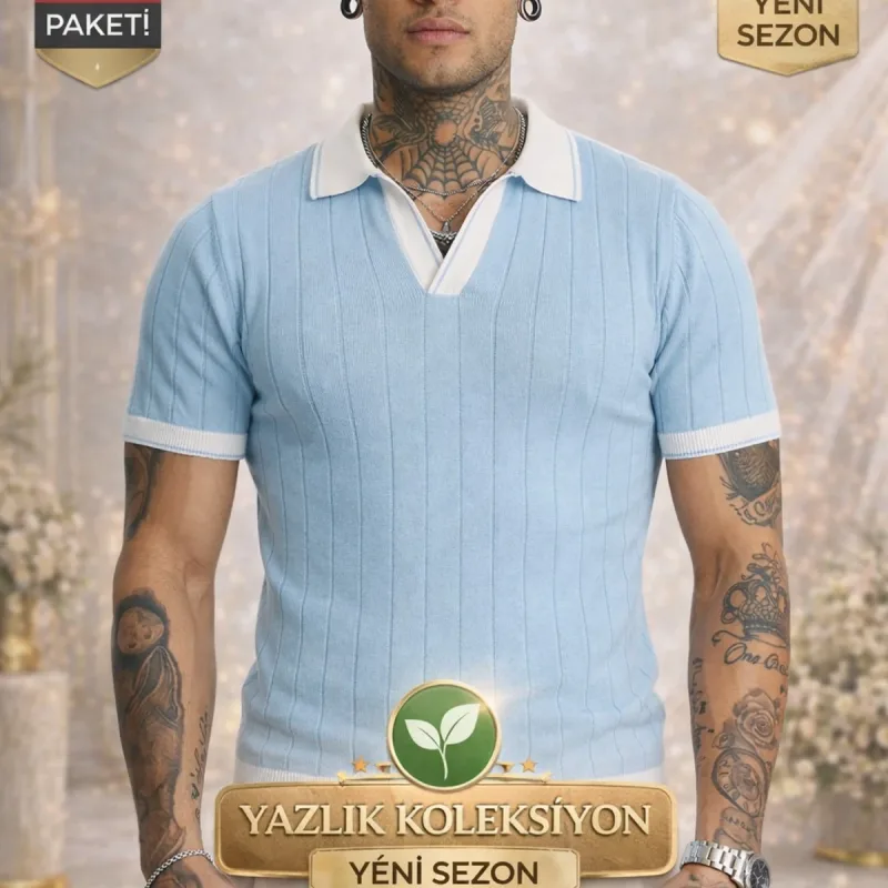 Błękitny męski toskańska dzianina krótki rękaw polo T-shirt