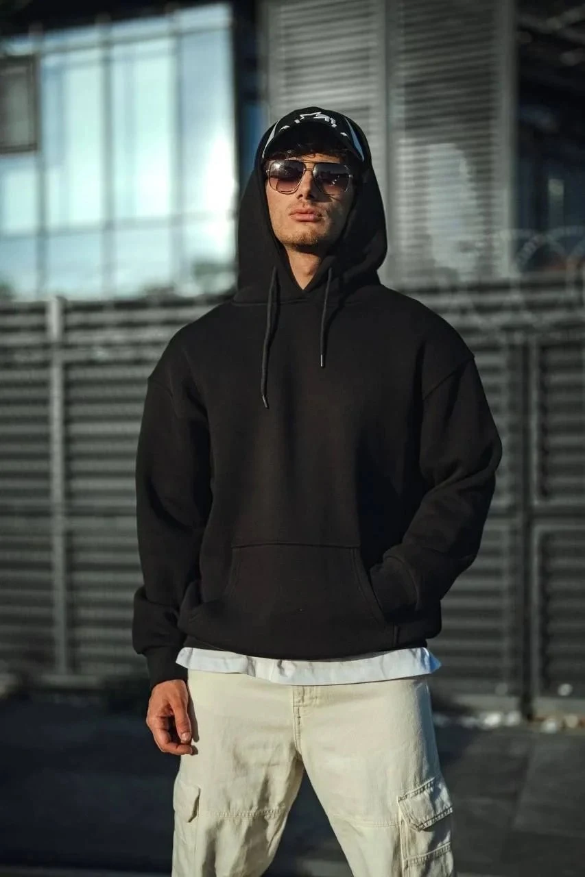 Men's Black 3-Thread Cotton Hooded Basic Sweatshirt